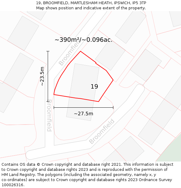 19, BROOMFIELD, MARTLESHAM HEATH, IPSWICH, IP5 3TP: Plot and title map