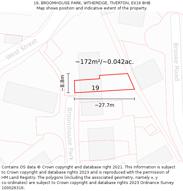 19, BROOMHOUSE PARK, WITHERIDGE, TIVERTON, EX16 8HB: Plot and title map