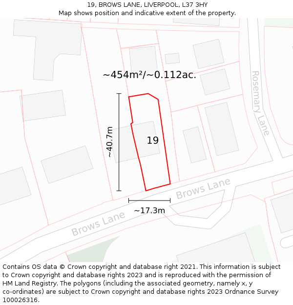 19, BROWS LANE, LIVERPOOL, L37 3HY: Plot and title map