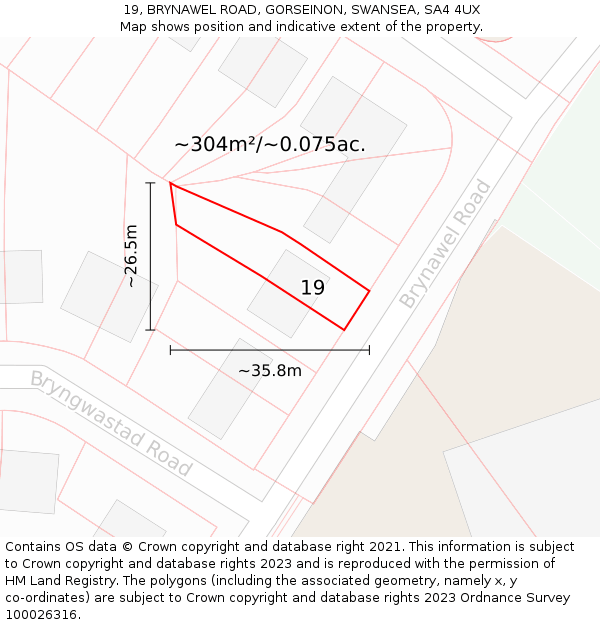 19, BRYNAWEL ROAD, GORSEINON, SWANSEA, SA4 4UX: Plot and title map