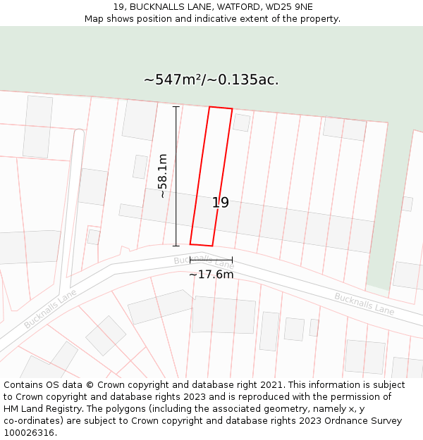 19, BUCKNALLS LANE, WATFORD, WD25 9NE: Plot and title map