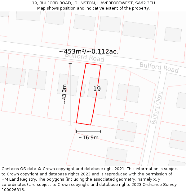 19, BULFORD ROAD, JOHNSTON, HAVERFORDWEST, SA62 3EU: Plot and title map