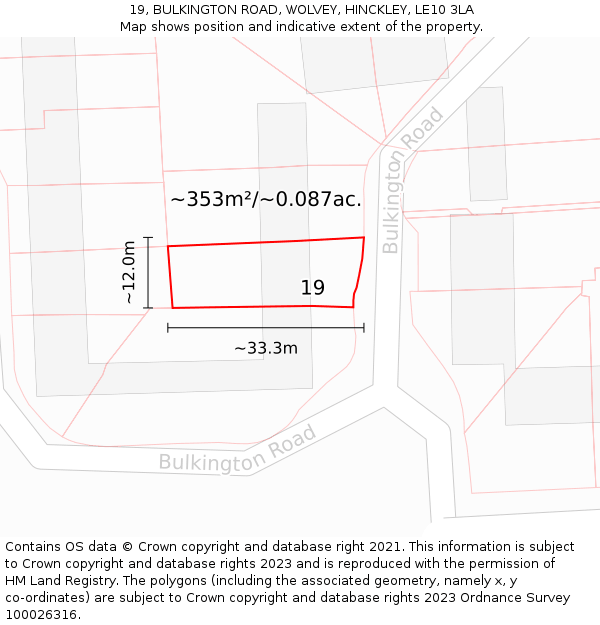 19, BULKINGTON ROAD, WOLVEY, HINCKLEY, LE10 3LA: Plot and title map