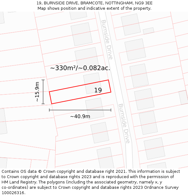 19, BURNSIDE DRIVE, BRAMCOTE, NOTTINGHAM, NG9 3EE: Plot and title map