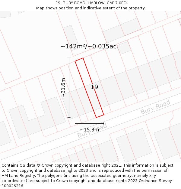 19, BURY ROAD, HARLOW, CM17 0ED: Plot and title map