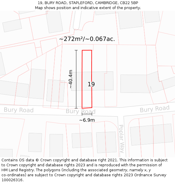 19, BURY ROAD, STAPLEFORD, CAMBRIDGE, CB22 5BP: Plot and title map