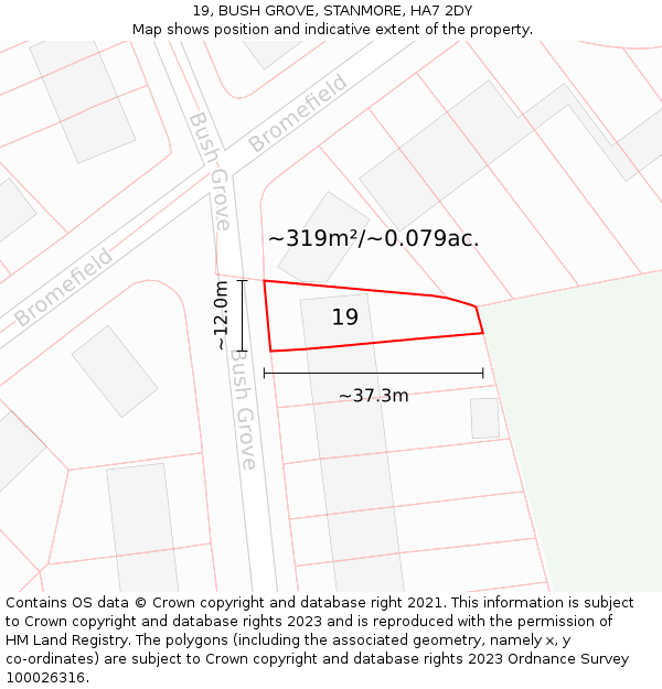 19, BUSH GROVE, STANMORE, HA7 2DY: Plot and title map