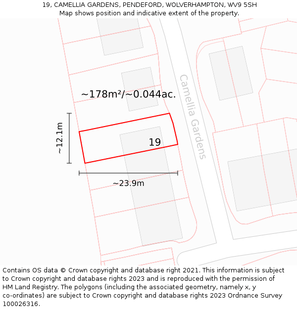 19, CAMELLIA GARDENS, PENDEFORD, WOLVERHAMPTON, WV9 5SH: Plot and title map