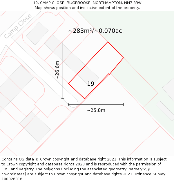 19, CAMP CLOSE, BUGBROOKE, NORTHAMPTON, NN7 3RW: Plot and title map