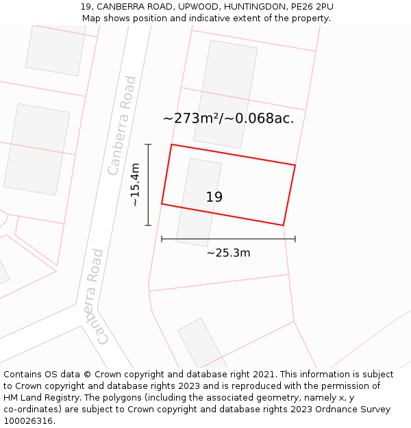 19, CANBERRA ROAD, UPWOOD, HUNTINGDON, PE26 2PU: Plot and title map