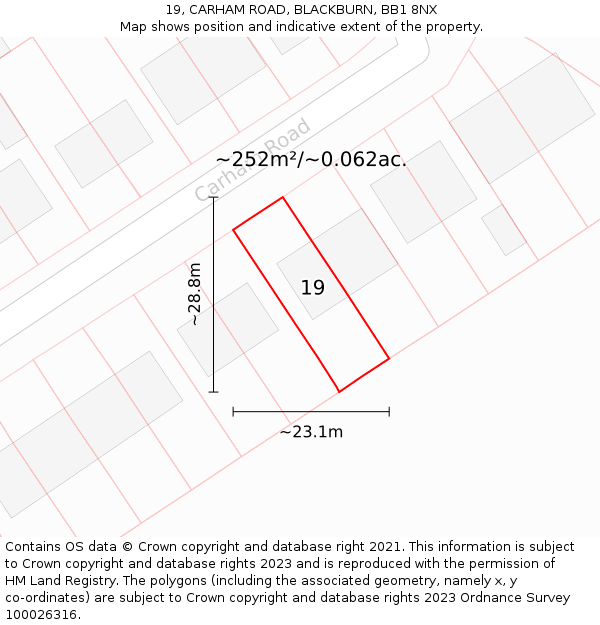 19, CARHAM ROAD, BLACKBURN, BB1 8NX: Plot and title map