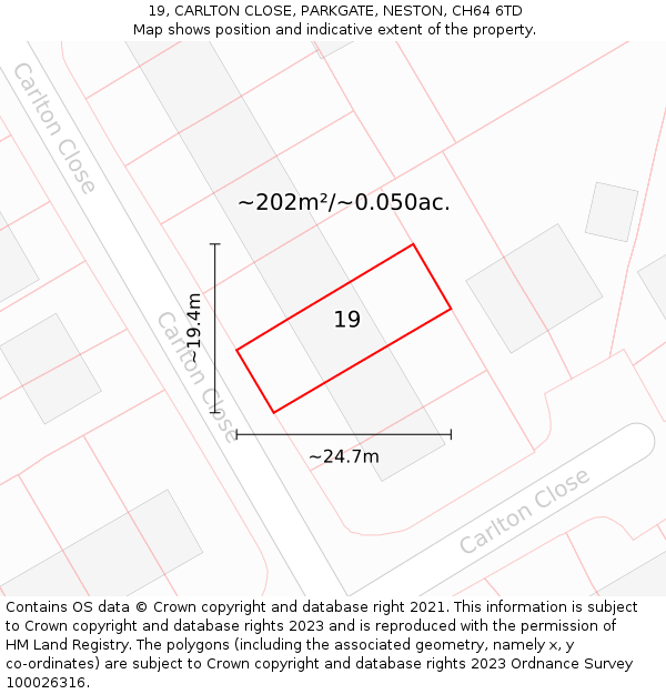 19, CARLTON CLOSE, PARKGATE, NESTON, CH64 6TD: Plot and title map