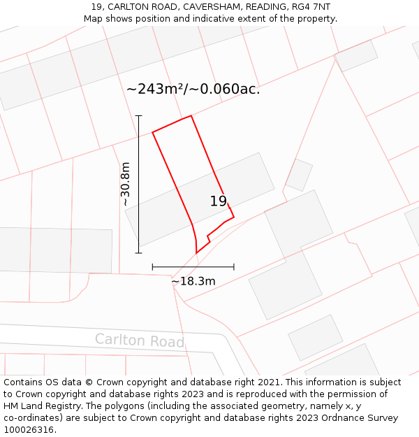19, CARLTON ROAD, CAVERSHAM, READING, RG4 7NT: Plot and title map