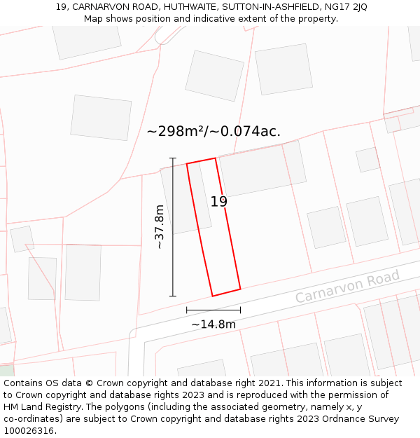 19, CARNARVON ROAD, HUTHWAITE, SUTTON-IN-ASHFIELD, NG17 2JQ: Plot and title map