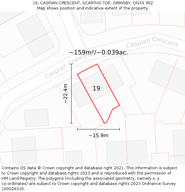 19, CASPIAN CRESCENT, SCARTHO TOP, GRIMSBY, DN33 3RZ: Plot and title map