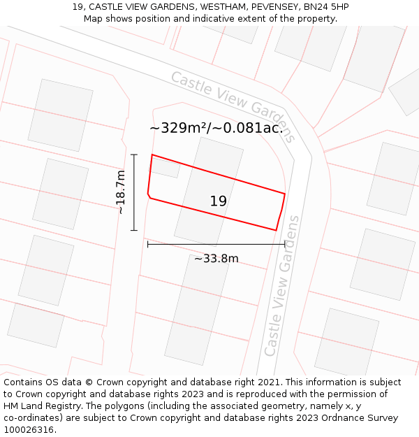 19, CASTLE VIEW GARDENS, WESTHAM, PEVENSEY, BN24 5HP: Plot and title map