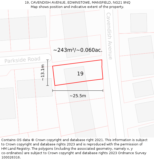 19, CAVENDISH AVENUE, EDWINSTOWE, MANSFIELD, NG21 9NQ: Plot and title map