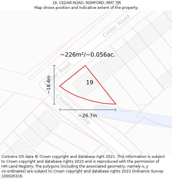 19, CEDAR ROAD, ROMFORD, RM7 7JR: Plot and title map