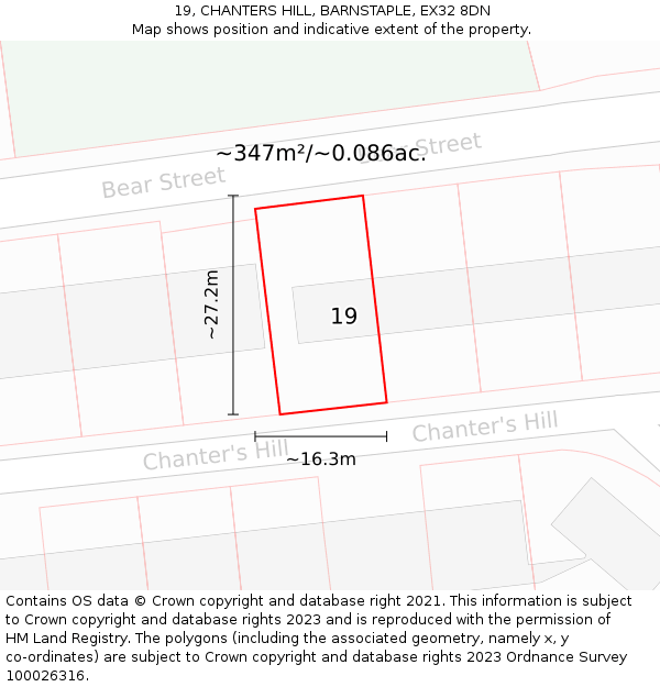 19, CHANTERS HILL, BARNSTAPLE, EX32 8DN: Plot and title map