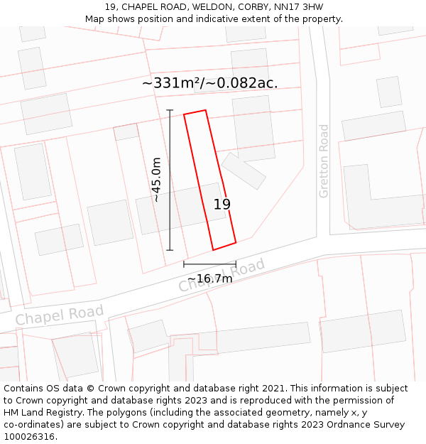 19, CHAPEL ROAD, WELDON, CORBY, NN17 3HW: Plot and title map