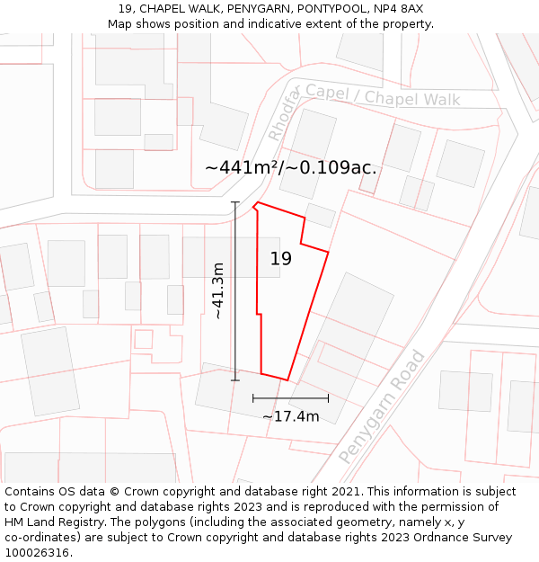 19, CHAPEL WALK, PENYGARN, PONTYPOOL, NP4 8AX: Plot and title map