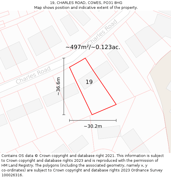 19, CHARLES ROAD, COWES, PO31 8HG: Plot and title map