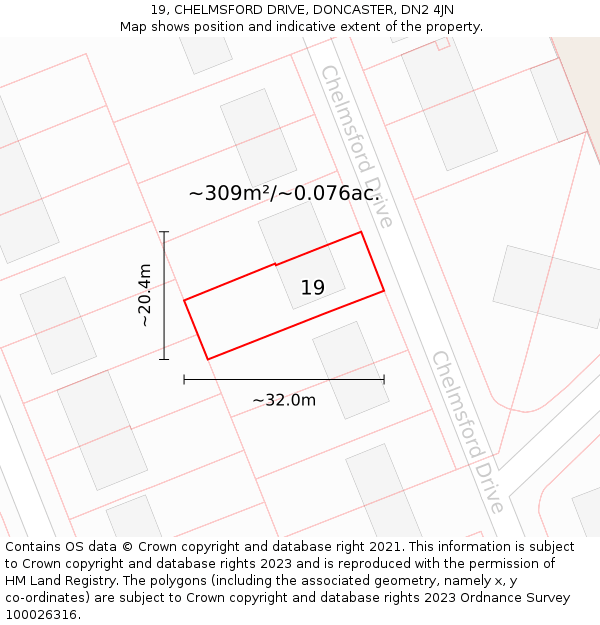 19, CHELMSFORD DRIVE, DONCASTER, DN2 4JN: Plot and title map