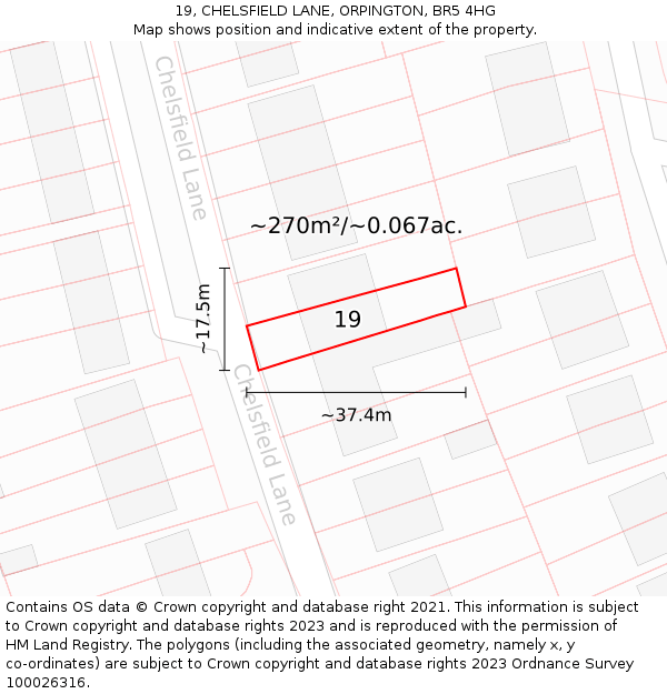 19, CHELSFIELD LANE, ORPINGTON, BR5 4HG: Plot and title map