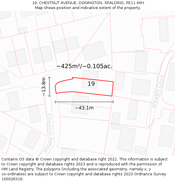 19, CHESTNUT AVENUE, DONINGTON, SPALDING, PE11 4XH: Plot and title map