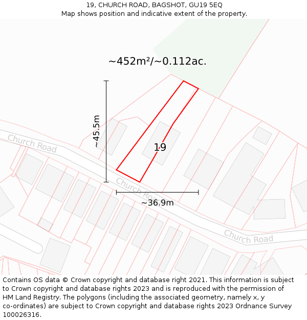 19, CHURCH ROAD, BAGSHOT, GU19 5EQ: Plot and title map