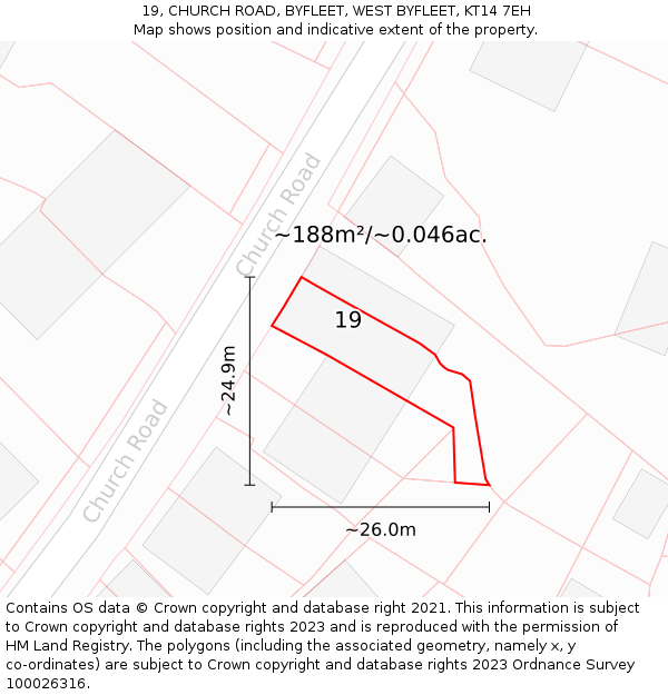 19, CHURCH ROAD, BYFLEET, WEST BYFLEET, KT14 7EH: Plot and title map