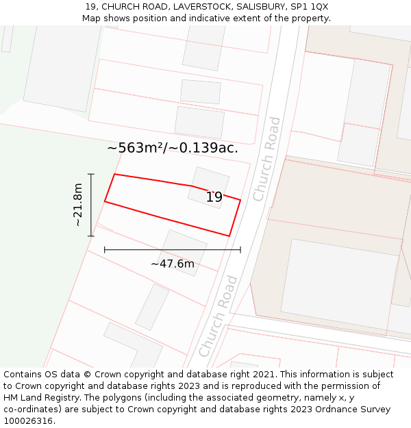 19, CHURCH ROAD, LAVERSTOCK, SALISBURY, SP1 1QX: Plot and title map