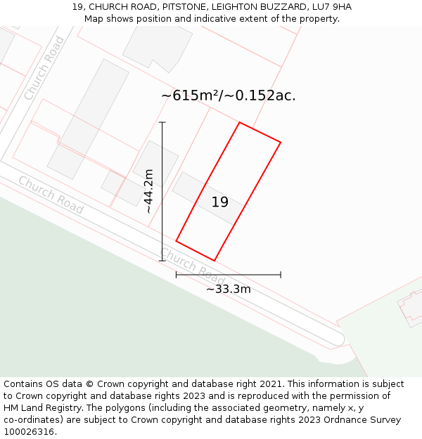 19, CHURCH ROAD, PITSTONE, LEIGHTON BUZZARD, LU7 9HA: Plot and title map