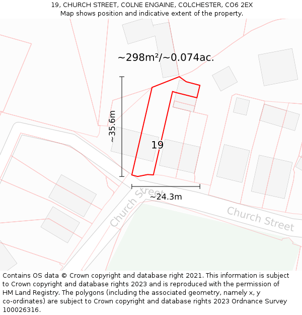 19, CHURCH STREET, COLNE ENGAINE, COLCHESTER, CO6 2EX: Plot and title map