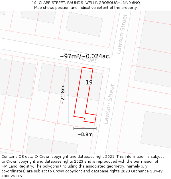 19, CLARE STREET, RAUNDS, WELLINGBOROUGH, NN9 6NQ: Plot and title map