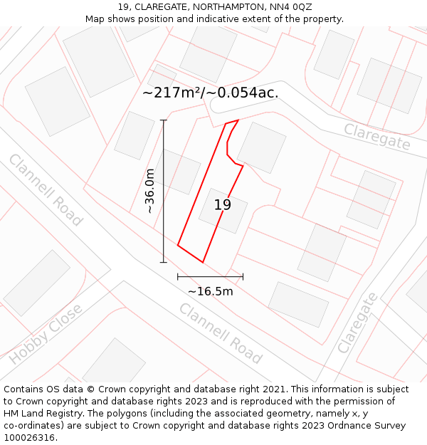 19, CLAREGATE, NORTHAMPTON, NN4 0QZ: Plot and title map