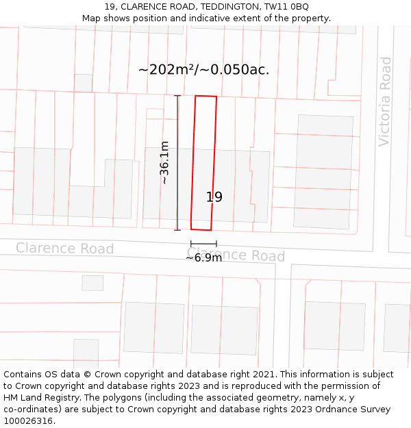 19, CLARENCE ROAD, TEDDINGTON, TW11 0BQ: Plot and title map