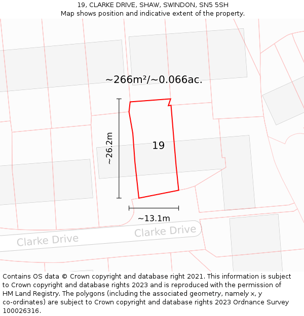 19, CLARKE DRIVE, SHAW, SWINDON, SN5 5SH: Plot and title map