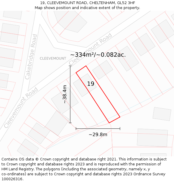 19, CLEEVEMOUNT ROAD, CHELTENHAM, GL52 3HF: Plot and title map