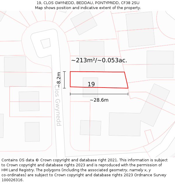 19, CLOS GWYNEDD, BEDDAU, PONTYPRIDD, CF38 2SU: Plot and title map