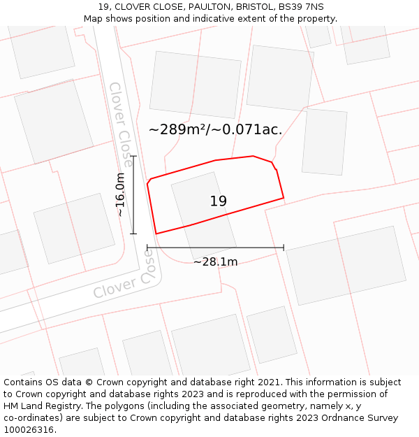 19, CLOVER CLOSE, PAULTON, BRISTOL, BS39 7NS: Plot and title map