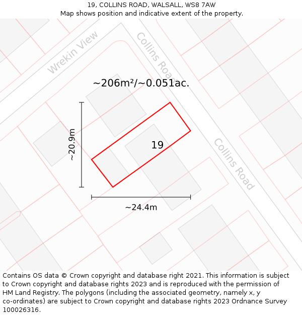 19, COLLINS ROAD, WALSALL, WS8 7AW: Plot and title map