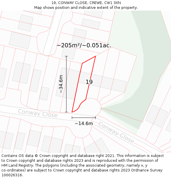 19, CONWAY CLOSE, CREWE, CW1 3XN: Plot and title map