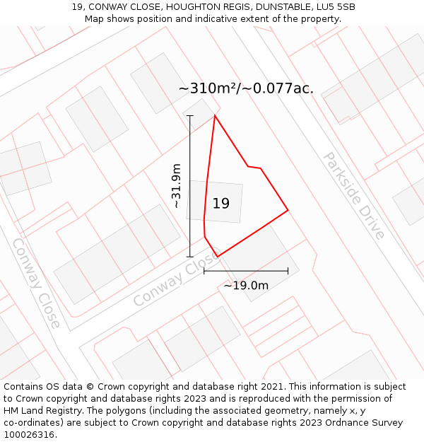 19, CONWAY CLOSE, HOUGHTON REGIS, DUNSTABLE, LU5 5SB: Plot and title map