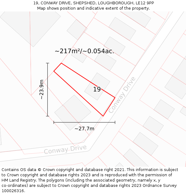 19, CONWAY DRIVE, SHEPSHED, LOUGHBOROUGH, LE12 9PP: Plot and title map