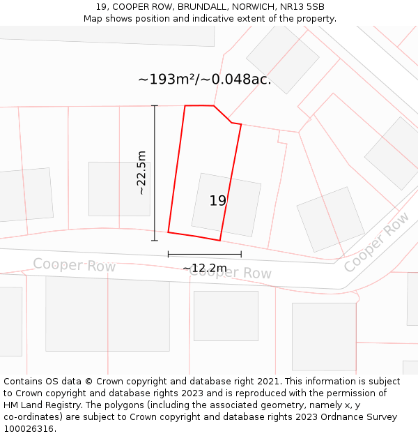 19, COOPER ROW, BRUNDALL, NORWICH, NR13 5SB: Plot and title map