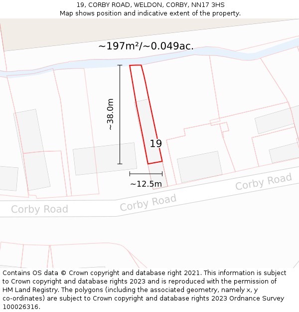 19, CORBY ROAD, WELDON, CORBY, NN17 3HS: Plot and title map