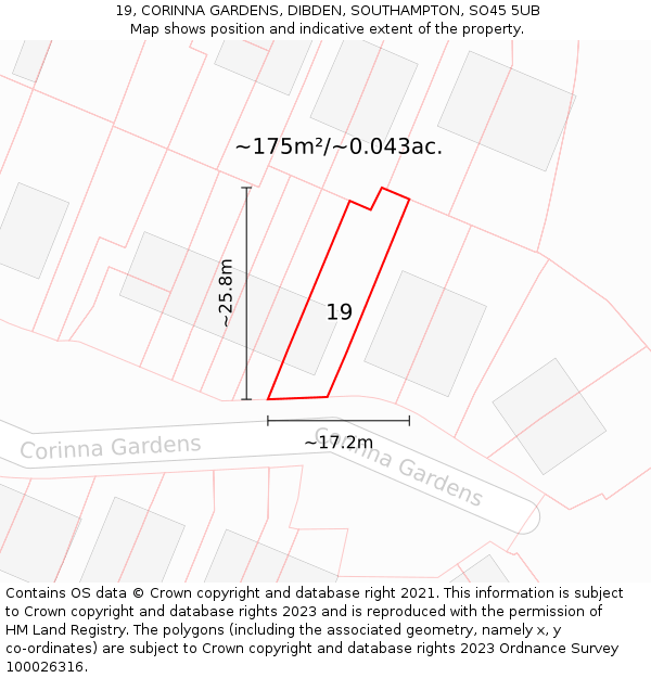 19, CORINNA GARDENS, DIBDEN, SOUTHAMPTON, SO45 5UB: Plot and title map