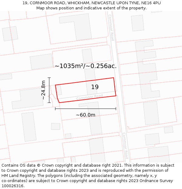 19, CORNMOOR ROAD, WHICKHAM, NEWCASTLE UPON TYNE, NE16 4PU: Plot and title map