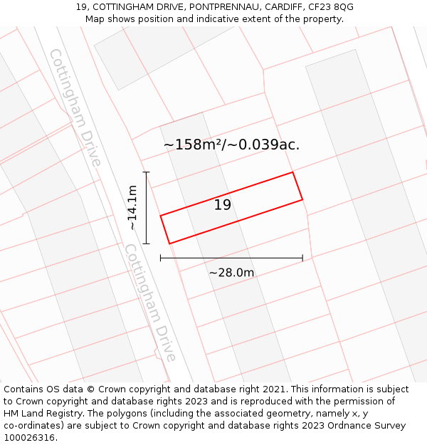 19, COTTINGHAM DRIVE, PONTPRENNAU, CARDIFF, CF23 8QG: Plot and title map